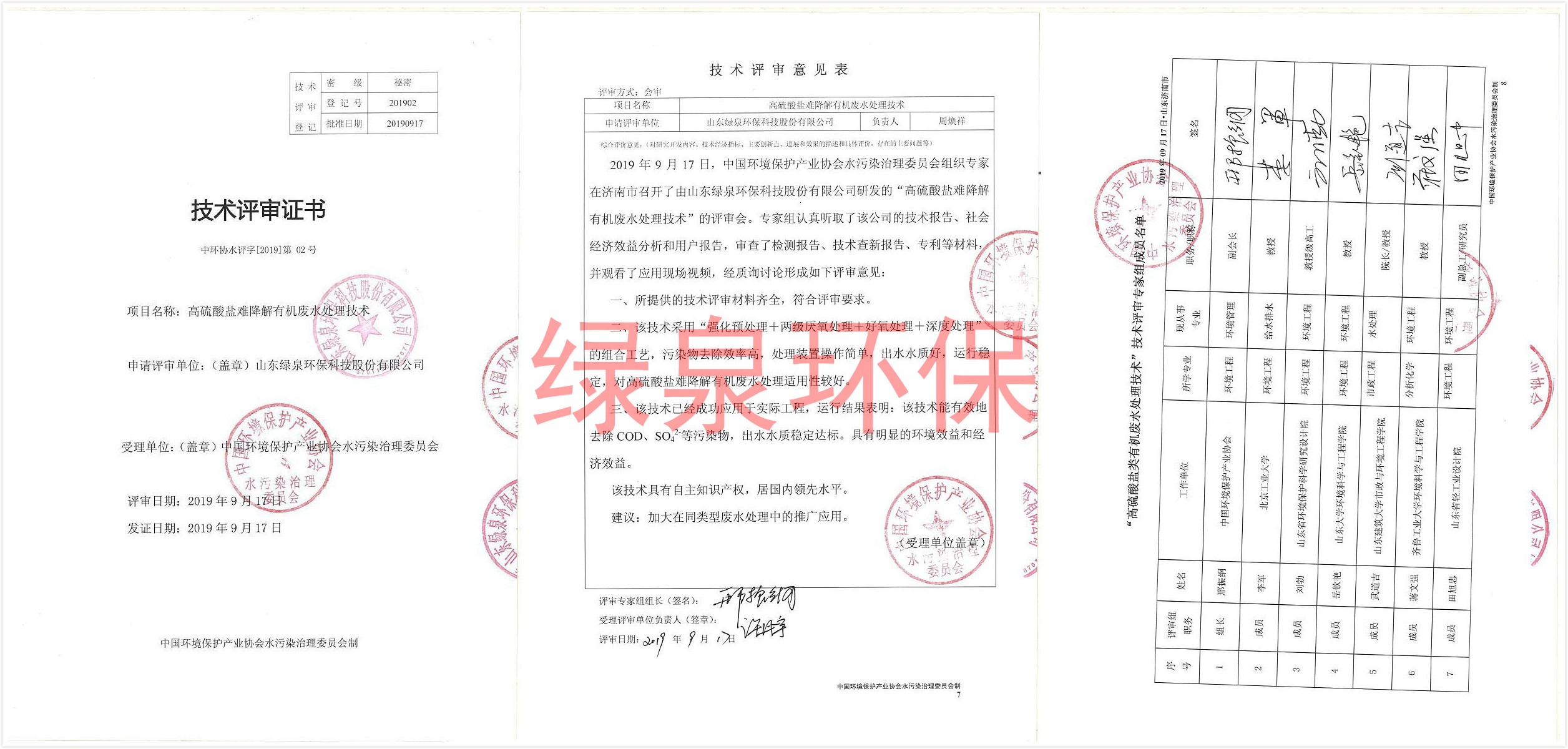 高硫酸根難降解廢水處理技術(shù)評(píng)審證書